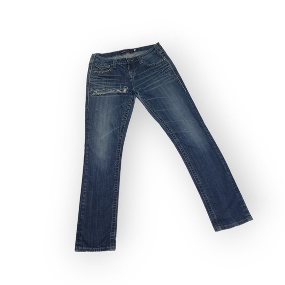 Dark Wash Distressed Holey Low Rise Straight Leg Jeans Vigoss Collection Size 9 - Picture 2 of 9